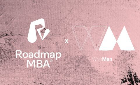 A poster with a pink background of pink paint on cardboard, creating a textured effect, with white logos for both the Roadmap MBA and Woeman.