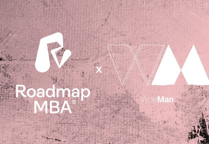 A poster with a pink background of pink paint on cardboard, creating a textured effect, with white logos for both the Roadmap MBA and Woeman.