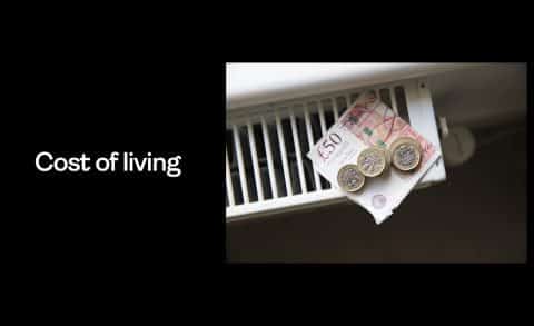Graphic with the words "cost of living" and an image showing a £50 note and 6 coins