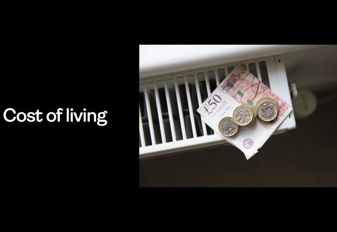 Graphic with the words "cost of living" and an image showing a £50 note and 6 coins