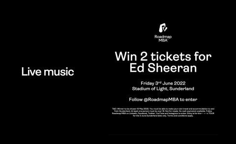 Poster on a black background with white text, with the title "live music", poster to win 2 Ed Sheeran Tickets, June 2022