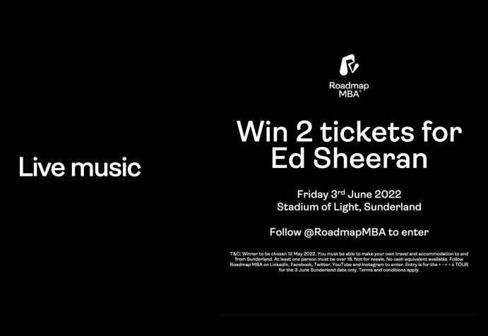 Poster on a black background with white text, with the title "live music", poster to win 2 Ed Sheeran Tickets, June 2022