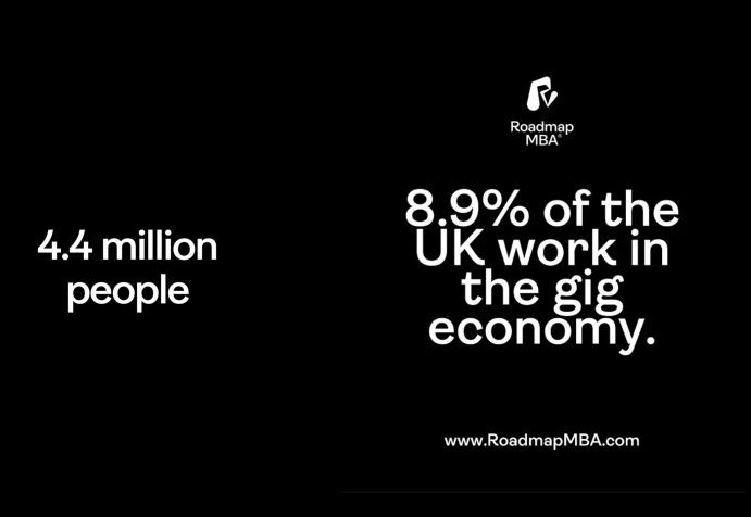 Poster on a black background highlighting that 8.9% of people in the UK work in the gig economy. 4.4 million people.