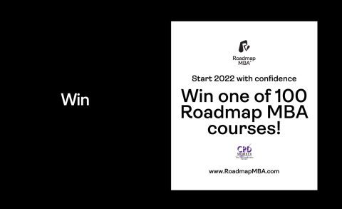 Image of the word "WIN" on a black background, with a posted saying win one of 100 Roadmap MBA courses