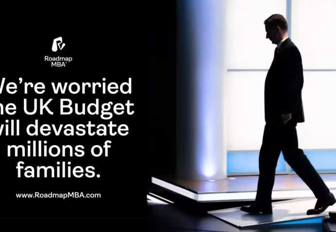 The words "We’re worried the UK Budget will devastate millions of families." and a picture of UK chancellor Jeremy Hunt.