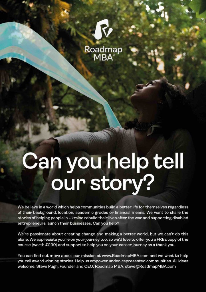 Poster with the heading "Can you help tell our story?" with a lady in the background looking longingly at the sky