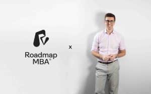 Image of Roadmap MBA founder Steve Pugh stood next to the Roadmap MBA logo