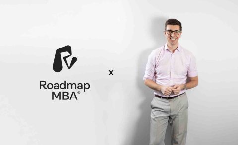 Image of Roadmap MBA founder Steve Pugh stood next to the Roadmap MBA logo