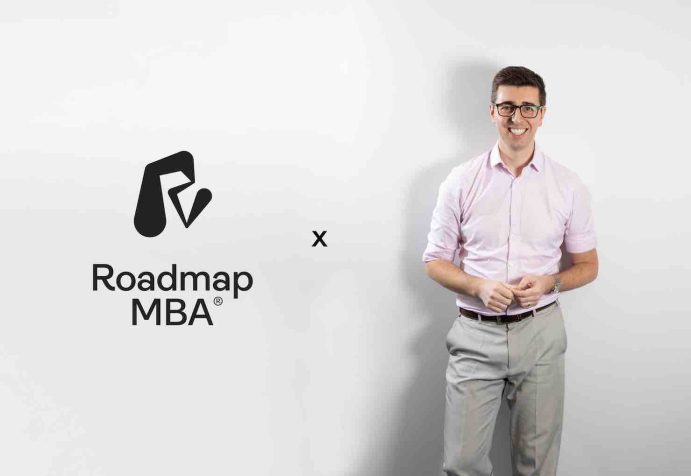 Image of Roadmap MBA founder Steve Pugh stood next to the Roadmap MBA logo