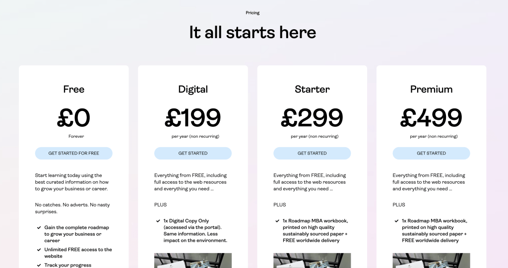 Image of the 4 Roadmap MBA packages at FREE, £199, £299 and £499