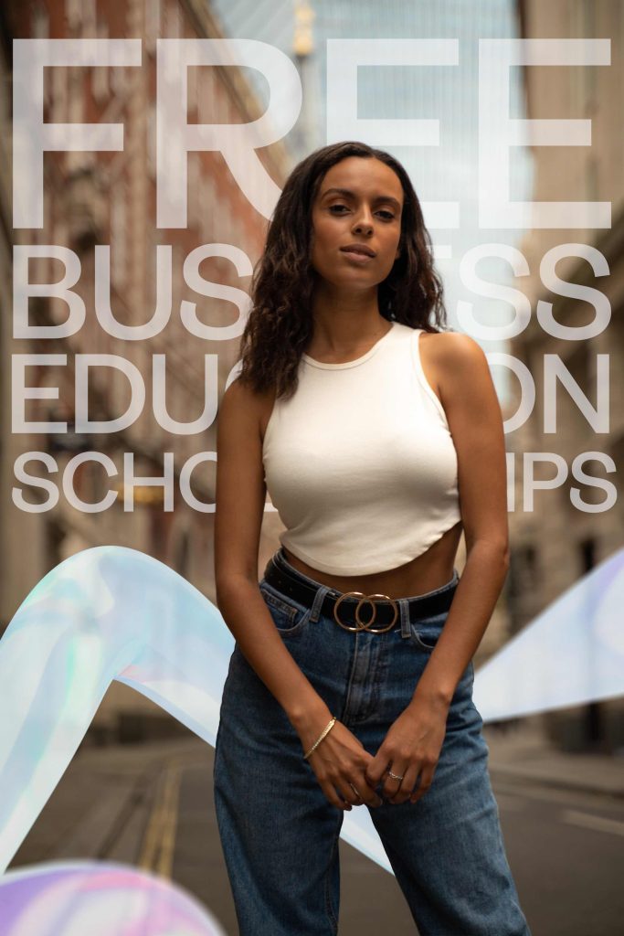 Image showing a young person in a city with the text "free business education scholarships" in the background