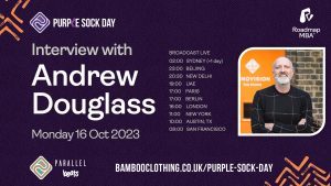 Poster advertising podcast interview with Purple Sock Day Founder Andrew Douglass
