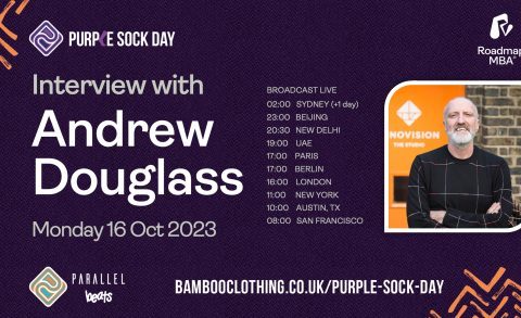 Poster advertising podcast interview with Purple Sock Day Founder Andrew Douglass