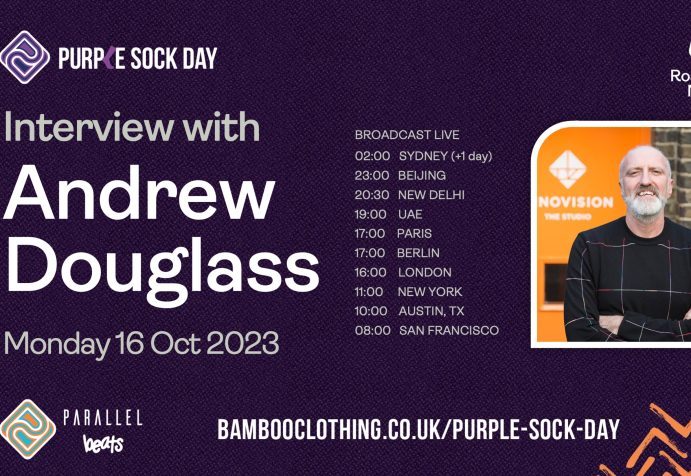 Poster advertising podcast interview with Purple Sock Day Founder Andrew Douglass